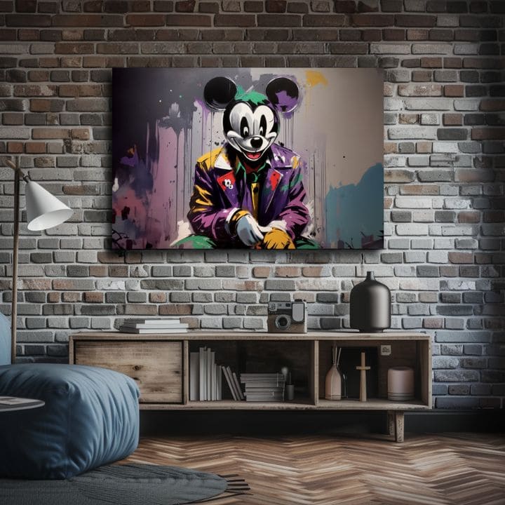 Pop art slika na platnu s motivom Mickey Mouse z Horroru, dečji motiv u ljubičasto-zelenih nijansama, drska atmosfera, pop kultura i nostalgija | Slika na platnu - Mickey Mouse z Horroru – proizvod