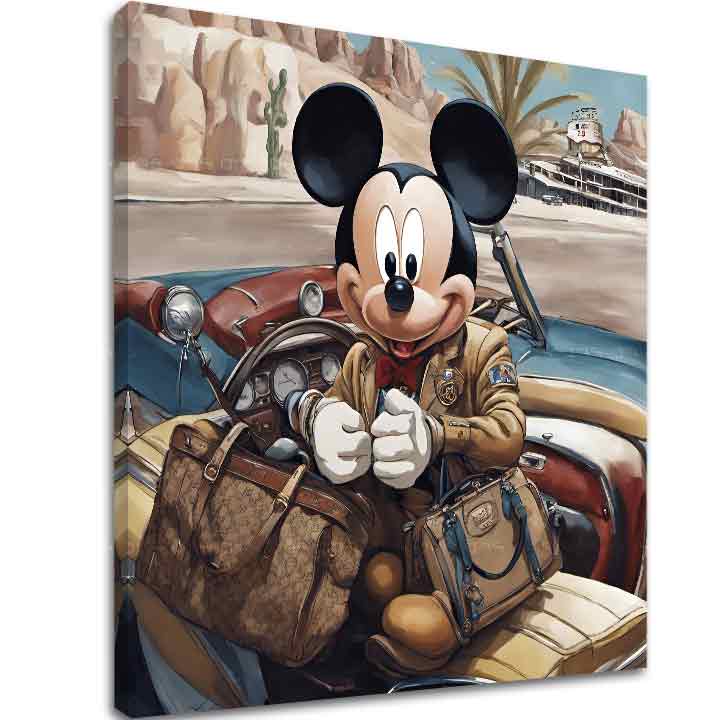 Vintage slika na platnu s motivom Mickey Mouse na Dovolenke, pejzaž u plavo-crvenih nijansama, avantura i nostalgija, pogodan za dečije sobe – glavna