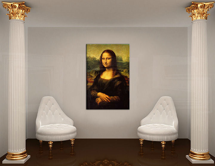 Pop art slika na platnu s motivom MONA LISA – Leonardo Da Vinci, pejzaž, gradski motiv, priroda u belo-zlatnih nijansama okačena u enterijeru radne sobe – enterijer