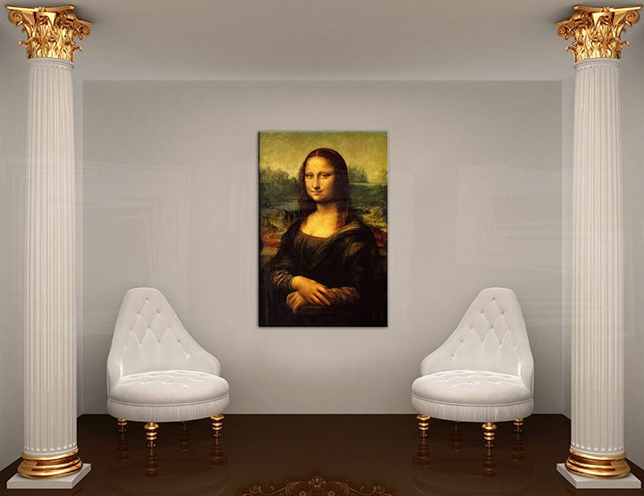 Pop art slika s motivom MONA LISA – Leonardo Da Vinci, pejzaž, gradski motiv u belo-zlatnih nijansama | Slika na platnu MONA LISA – Leonardo Da Vinci – pregled