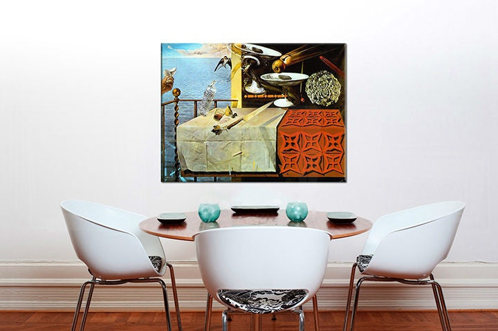 Vintage slika s motivom NATURA MORTE VIVENTE – Salvador Dalí, ptice, more u belo-smeđih nijansama | Slika na platnu NATURA MORTE VIVENTE – Salvador Dalí – pregled