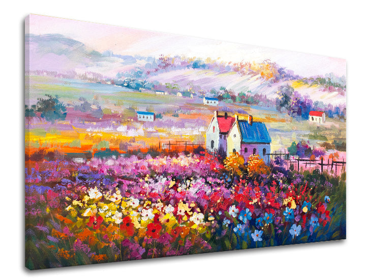 Pop art slika na platnu s motivom pejzaž, cveće, religiozni motiv, priroda u višebojnih nijansama, vesela atmosfera, prolećna atmosfera i dom – proizvod