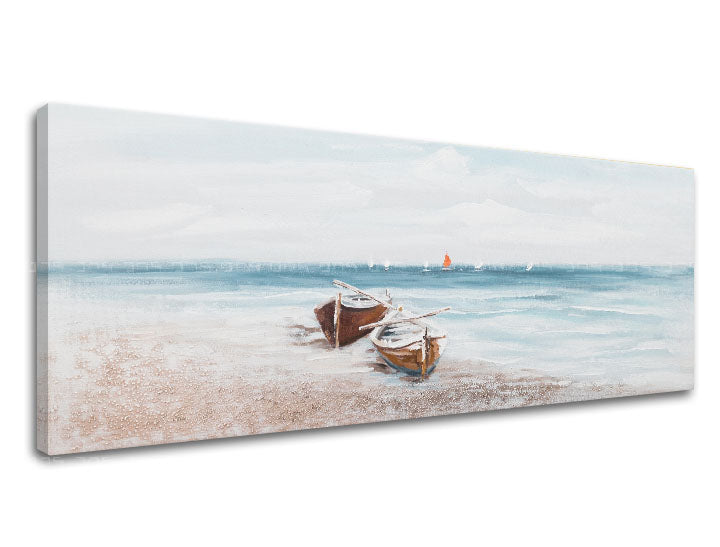 U boho stilu slika na platnu s motivom PLAŽA, okean, pejzaž, more i plaža u belo-bežih nijansama, mirna atmosfera, primorski život, pogodan za dnevnog boravka – proizvod
