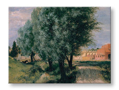 Moderan slika na platnu s motivom Adolph Menzel - Stavenisko s vrbami, drveće, stazica, nebo u zeleno-smeđih nijansama, mirna atmosfera – proizvod