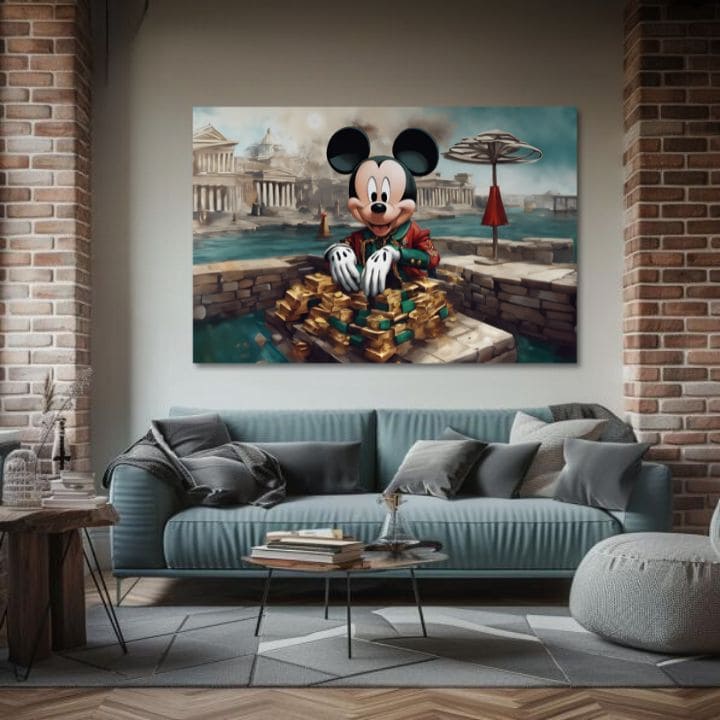 Klasičan slika na platnu s motivom Bohatý Mickey Mouse, dečji motiv, priroda u plavo-zelenih nijansama, pogodan za dnevnog boravka | Slika na platnu - Bohatý Mickey Mouse – proizvod