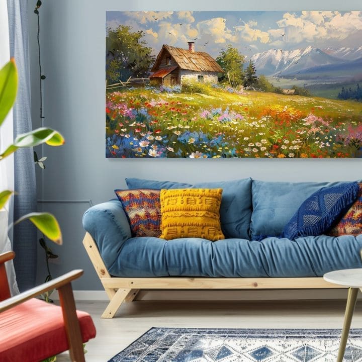 Moderan slika na platnu s motivom Šarena cvetna livada, planine, nebo, ptice u plavo-belih nijansama, mirna atmosfera, priroda i dom | Slika na platnu Šarena cvetna livada – proizvod, pogled 2