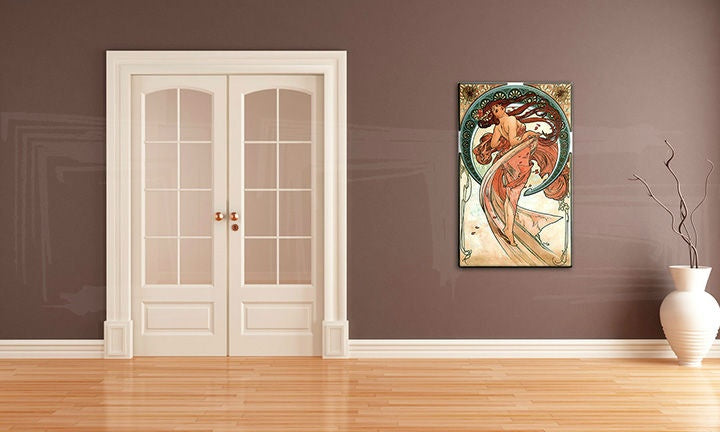 Geometrijski slika s motivom TANEC – Alfons Mucha, priroda u plavo-zlatnih nijansama | Slika na platnu TANEC – Alfons Mucha, priroda i elegancija – pregled