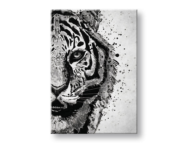 Moderan slika na platnu s motivom TIGER 001, tigar, pejzaž u belo-sivih nijansama, intenzivna atmosfera, priroda i snaga, pogodan za radne sobe – glavna