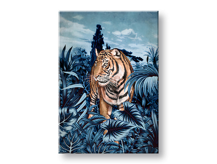 Pop art slika na platnu s motivom TIGER V PRÍRODE 001, tigar, drveće, nebo, oblaci u belo-plavih nijansama, mirna atmosfera, pogodan za dnevnog boravka – glavna