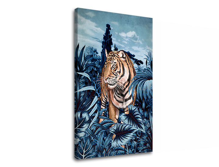 Pop art slika na platnu s motivom TIGER V PRÍRODE 001, tigar, drveće, nebo, oblaci u belo-plavih nijansama, mirna atmosfera, pogodan za dnevnog boravka – proizvod