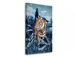 Pop art slika na platnu s motivom TIGER V PRÍRODE 001, tigar, drveće, nebo, oblaci u belo-plavih nijansama, mirna atmosfera, pogodan za dnevnog boravka – proizvod