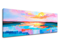 Pop art slika na platnu s motivom ZALAZAK SUNCA, okean, nebo, pejzaž, more i plaža u belo-plavih nijansama, mirna atmosfera, pogodan za kancelarije – proizvod