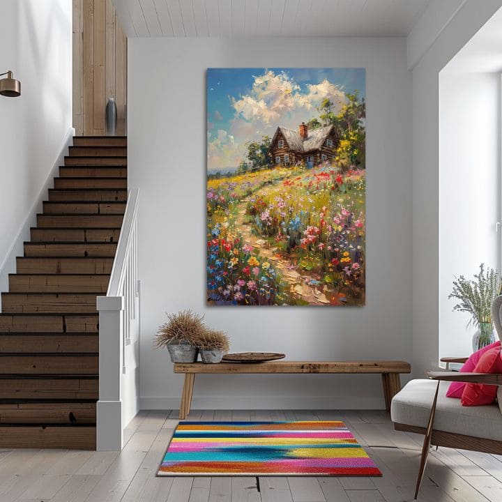 Pop art slika na platnu s motivom Chalúpka v cvetnom poli, nebo, drveće, dečji motiv, životinja u plavo-ružičastih nijansama, pogodan za dnevnog boravka – proizvod, pogled 2