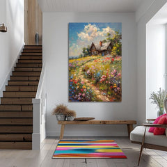 Pop art slika na platnu s motivom Chalúpka v cvetnom poli, nebo, drveće, dečji motiv, životinja u plavo-ružičastih nijansama, pogodan za dnevnog boravka – proizvod, pogled 2