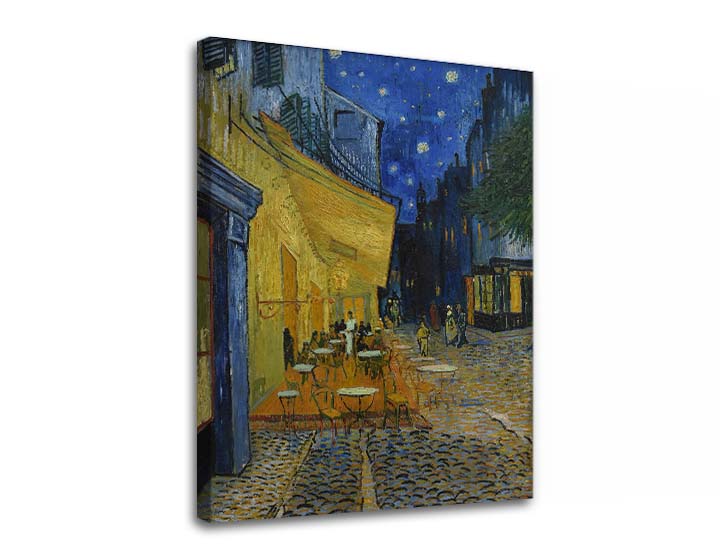 Vintage slika na platnu s motivom Vincent van Gogh - Café Terrace at Night u plavo-crnih nijansama, mirna atmosfera, gradski život i samoća – proizvod