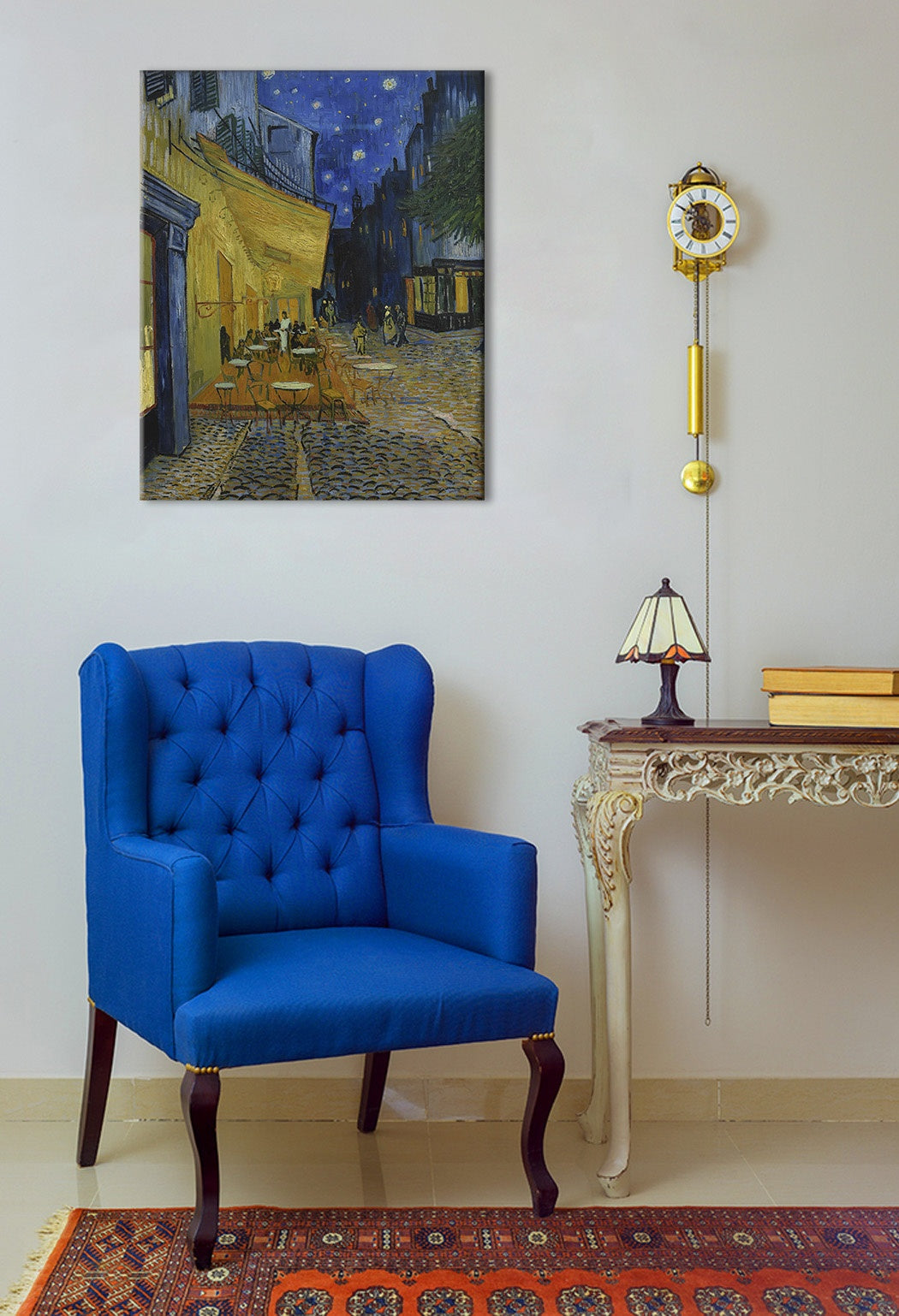 Vintage slika s motivom Vincent van Gogh - Café Terrace at Night u plavo-crnih nijansama | Slika na platnu Vincent van Gogh - Café Terrace at Night – pregled