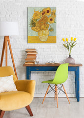 Vintage slika na platnu s motivom Vincent van Gogh - Váza s dvanástimi slnečnicami, vaza, cveće u plavo-žutih nijansama, živahna atmosfera, pogodan za dnevnog boravka – glavna