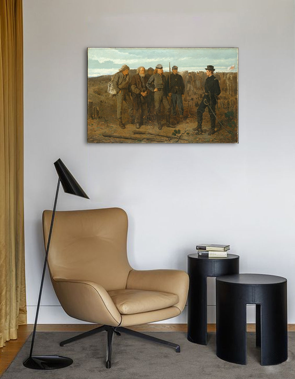 Vintage slika s motivom Winslow Homer - Zatvorenici z frontu, konji, pejzaž u bež-plavih nijansama | Slika na platnu Winslow Homer - Zatvorenici z frontu – pregled