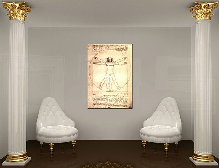 Vintage slika na platnu s motivom VITRUVIÁNSKY MUŽ– Leonardo Da Vinci u belo-zlatnih nijansama okačena u enterijeru radne sobe | Slika na platnu VITRUVIÁNSKY MUŽ– Leonardo Da Vinci – enterijer