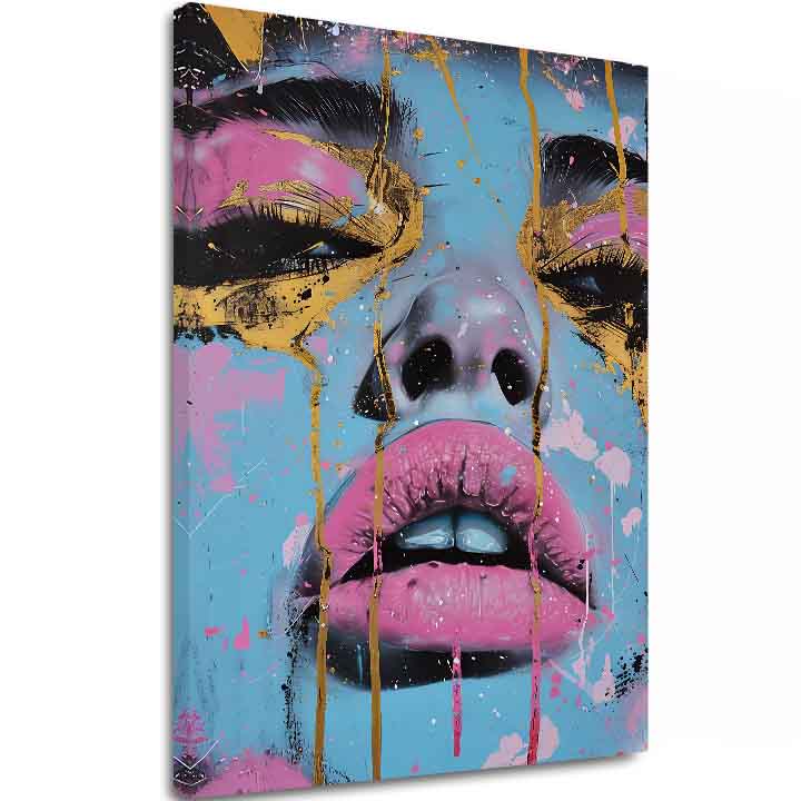 Ručno slikan slika na platnu s motivom Neon Lips na platnu u plavo-zlatnih nijansama, odvažna atmosfera, lepota | Slika Neon Lips na platnu – glavna