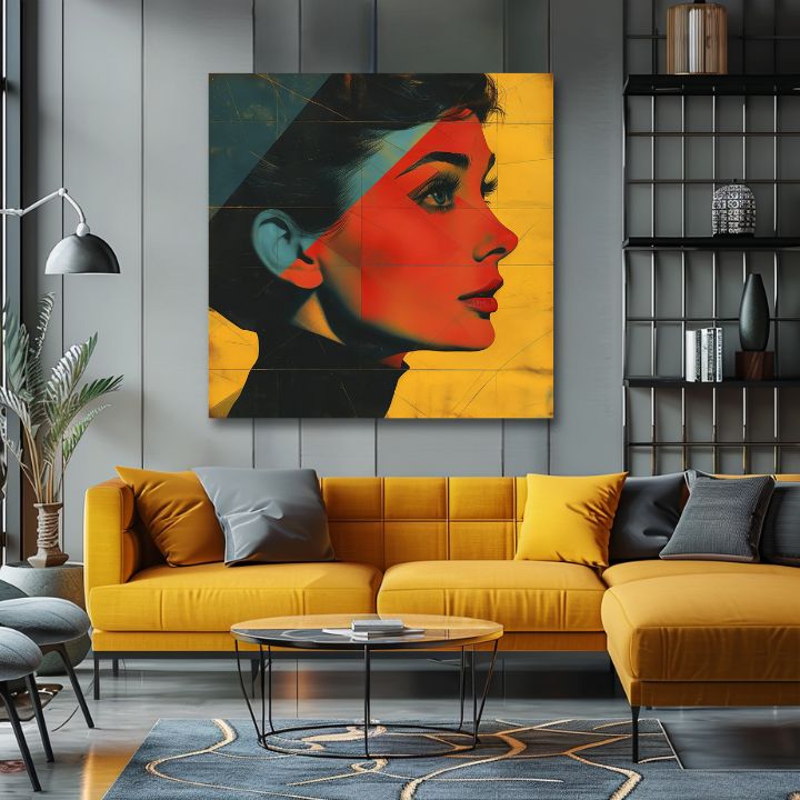 Moderan slika na platnu s motivom Elegantna ikona u žuto-crnih nijansama, stilska atmosfera, lepota i nostalgija | Audrey Hepburn slika na platnu - Elegantna ikona – proizvod, pogled 2