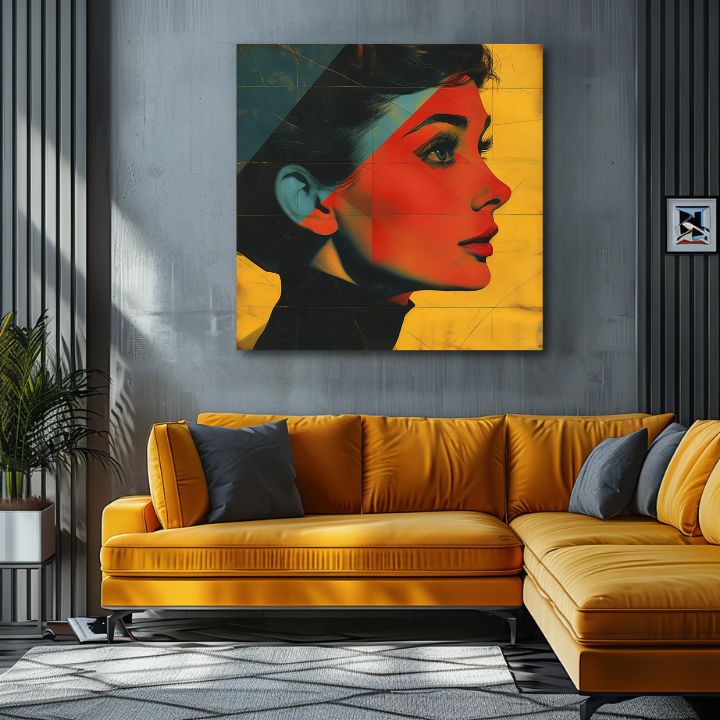 Moderan slika na platnu s motivom Elegantna ikona u žuto-crnih nijansama, stilska atmosfera, lepota i nostalgija | Audrey Hepburn slika na platnu - Elegantna ikona – proizvod