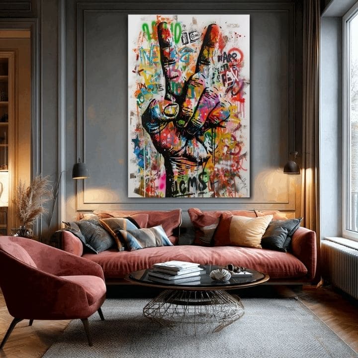 Moderan slika na platnu s motivom Peace Hand u belo-crnih nijansama, energična atmosfera, sloboda | Slika Peace Hand – proizvod, pogled 2