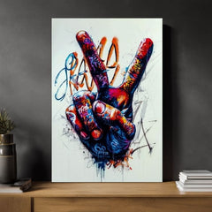 Moderan slika na platnu s motivom Peace Hand u crno-belih nijansama, energična atmosfera | Slika Peace Hand, zidna dekoracija – proizvod