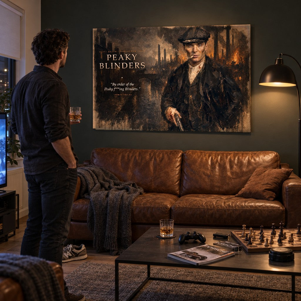 Enterijer tamne dnevne sobe sa slikom Peaky Blinders na zidu, muškarac sa čašom viskija posmatra detalje na umetničkom delu.