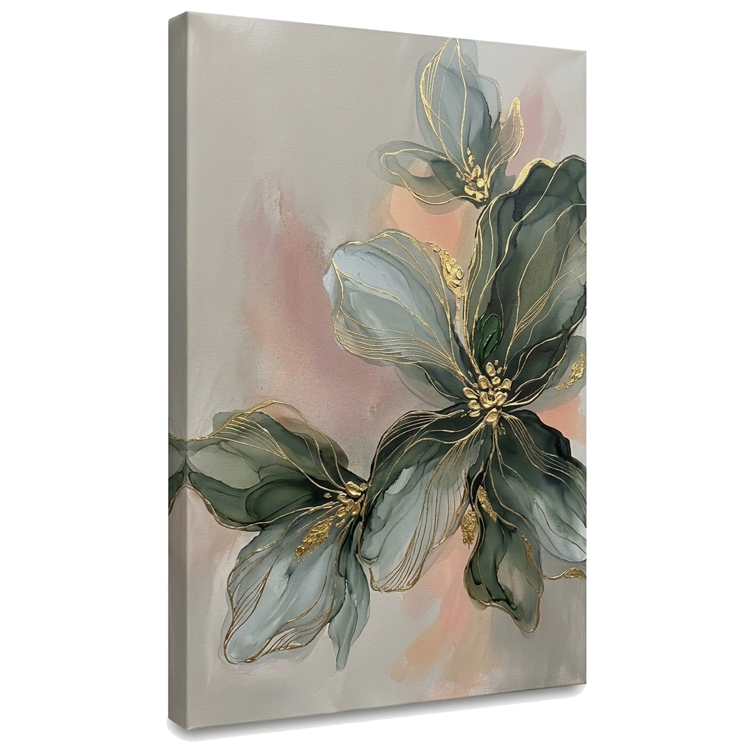 Slika sa apstraktnom cvetnom kompozicijom na platnu – 3D prikaz canvasa sa vidljivim drvenim ramom, Papilora Premium Art.