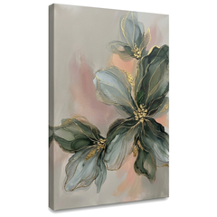 Slika sa apstraktnom cvetnom kompozicijom na platnu – 3D prikaz canvasa sa vidljivim drvenim ramom, Papilora Premium Art.