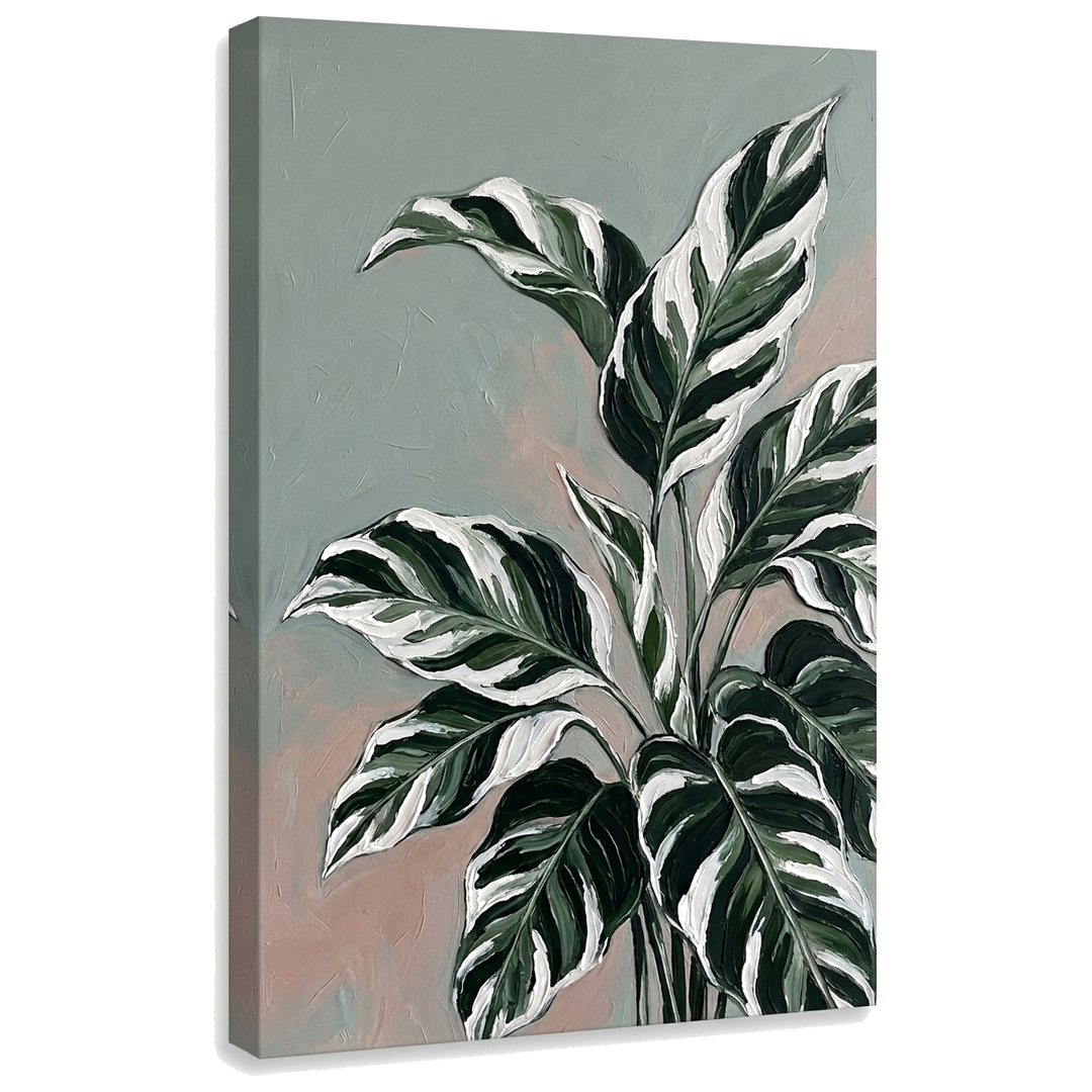 Moderna slika velikih tropskih listova na platnu sa vidljivim drvenim ramom i 3D impasto efektom, Premium Art kolekcija brenda Papilora.