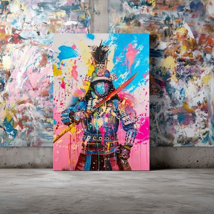 Ručno slikan slika na platnu s motivom Samurai Spirit na platnu u žuto-belih nijansama, energična atmosfera, snaga | Slika Samurai Spirit na platnu – proizvod