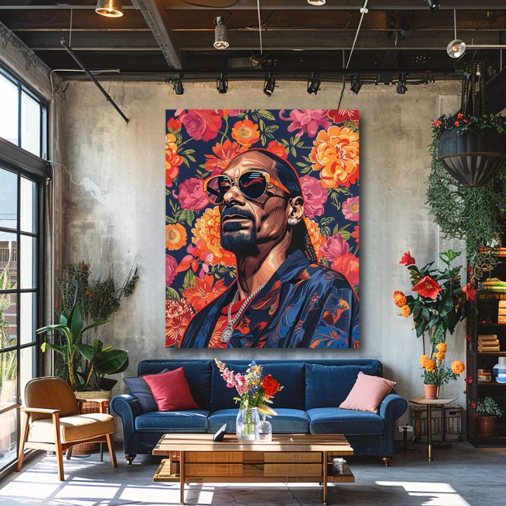 Moderan slika na platnu s motivom Snoop Dogg - Ikona rapovej scény, cveće u narandžastih nijansama | Slika Snoop Dogg - Ikona rapovej scény – proizvod, pogled 2