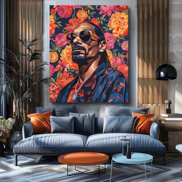 Moderan slika na platnu s motivom Snoop Dogg - Ikona rapovej scény, cveće u narandžastih nijansama | Slika Snoop Dogg - Ikona rapovej scény – proizvod