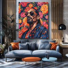 Moderan slika na platnu s motivom Snoop Dogg - Ikona rapovej scény, cveće u narandžastih nijansama | Slika Snoop Dogg - Ikona rapovej scény – proizvod