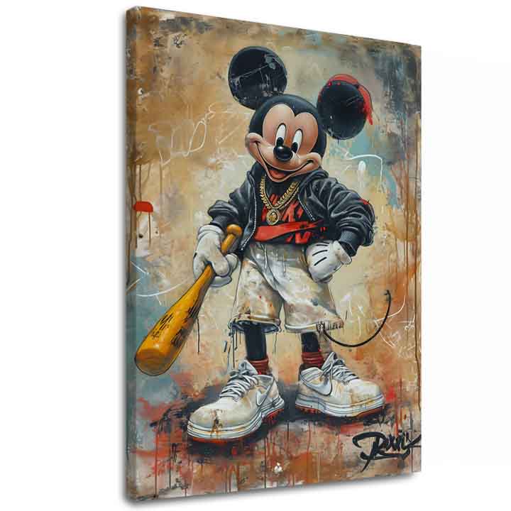 Ručno slikan slika na platnu s motivom Street Mickey na platnu u bež-crnih nijansama, urbana atmosfera, pop kultura i nostalgija | Slika Street Mickey na platnu – glavna