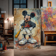 Ručno slikan slika na platnu s motivom Street Mickey na platnu u crno-belih nijansama, drska atmosfera, pop kultura i gradski život | Slika Street Mickey na platnu – proizvod, pogled 3