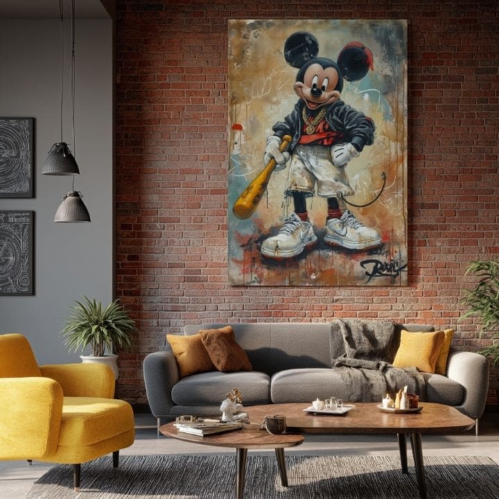 Ručno slikan slika na platnu s motivom Street Mickey na platnu u crno-belih nijansama, drska atmosfera, pop kultura i gradski život | Slika Street Mickey na platnu – proizvod