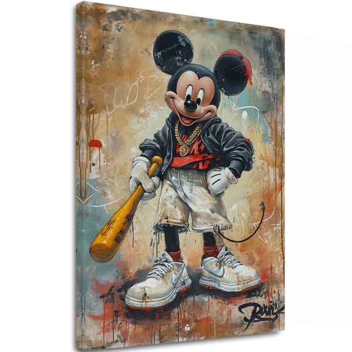 Ručno slikan slika na platnu s motivom Street Mickey na platnu u crno-belih nijansama, drska atmosfera, pop kultura i gradski život | Slika Street Mickey na platnu – glavna