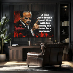 Pop art slika na platnu s motivom The Godfather na platnu, muškarac u odelu u crno-crvenih nijansama, intenzivna atmosfera, porodica i snaga i moć – proizvod