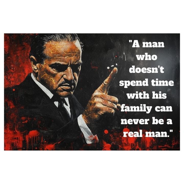 Pop art slika na platnu s motivom The Godfather na platnu, muškarac u odelu u crno-crvenih nijansama, intenzivna atmosfera, porodica i snaga i moć – glavna