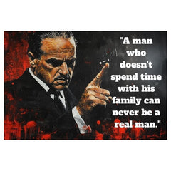 Pop art slika na platnu s motivom The Godfather na platnu, muškarac u odelu u crno-crvenih nijansama, intenzivna atmosfera, porodica i snaga i moć – glavna