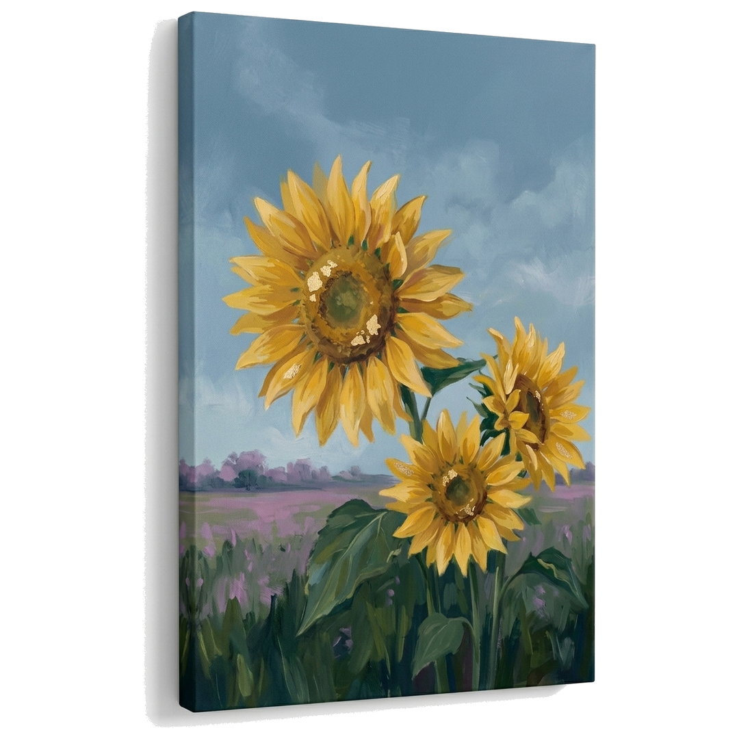 Slika tri suncokreta na polju na platnu — 3D vizuelizacija canvasa sa vidljivim drvenim ramom, Papilora Premium Art.