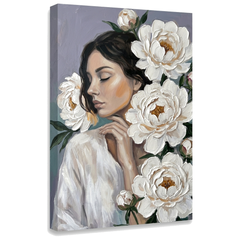 Slika žene sa velikim belim cvetovima na platnu — 3D prikaz canvasa sa vidljivim drvenim ramom, Papilora Premium Art.