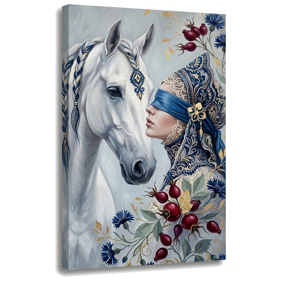 Slika žene sa povezom preko očiju i belim konjem na platnu — 3D vizuelizacija canvasa sa vidljivim drvenim ramom, Papilora Premium Art.