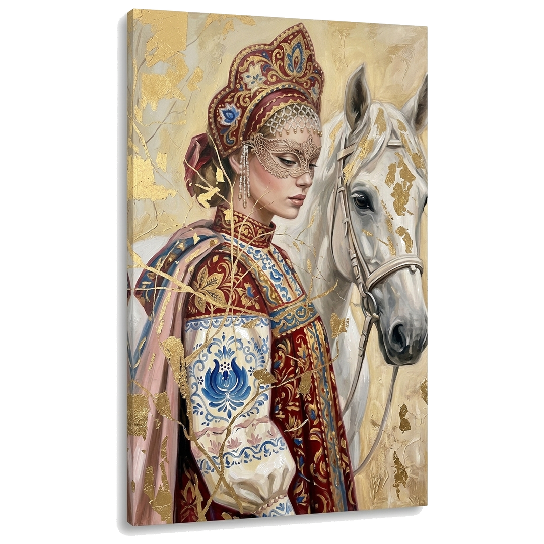 Slika žene u narodnoj nošnji sa maskom i belim konjem na platnu — 3D vizuelizacija canvasa sa vidljivim drvenim ramom, Papilora Premium Art.