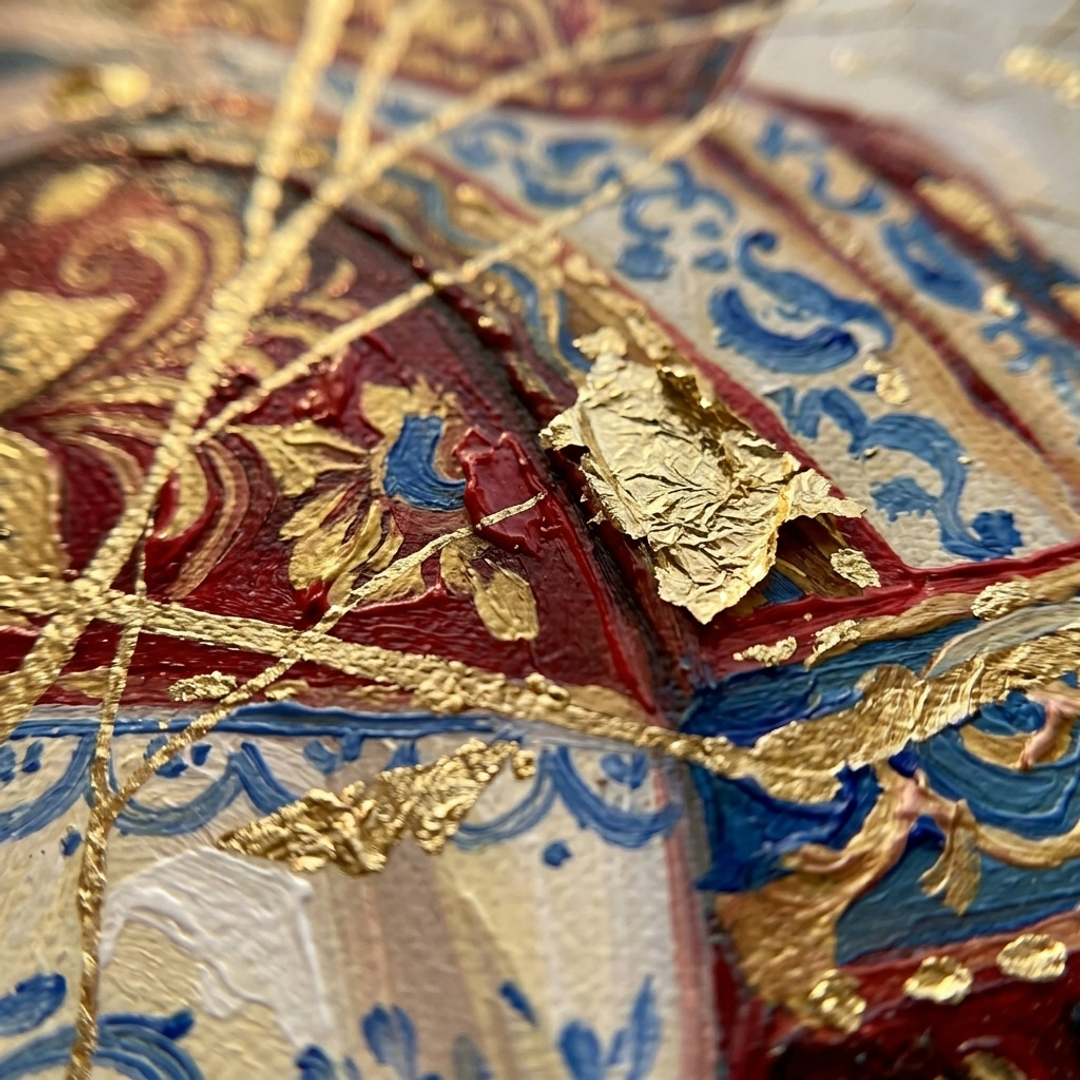 Makro detalj ručno oslikanih impasto poteza akrilnom bojom na površini slike, vidljiva tekstura i reljef — Papilora Crafted for Home.