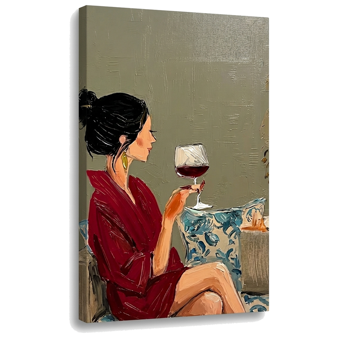 Slika žene sa čašom vina na platnu – 3D vizuelizacija canvasa sa vidljivim drvenim ramom i umetničkom teksturom, Papilora Premium Art.