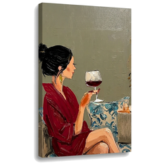 Slika žene sa čašom vina na platnu – 3D vizuelizacija canvasa sa vidljivim drvenim ramom i umetničkom teksturom, Papilora Premium Art.
